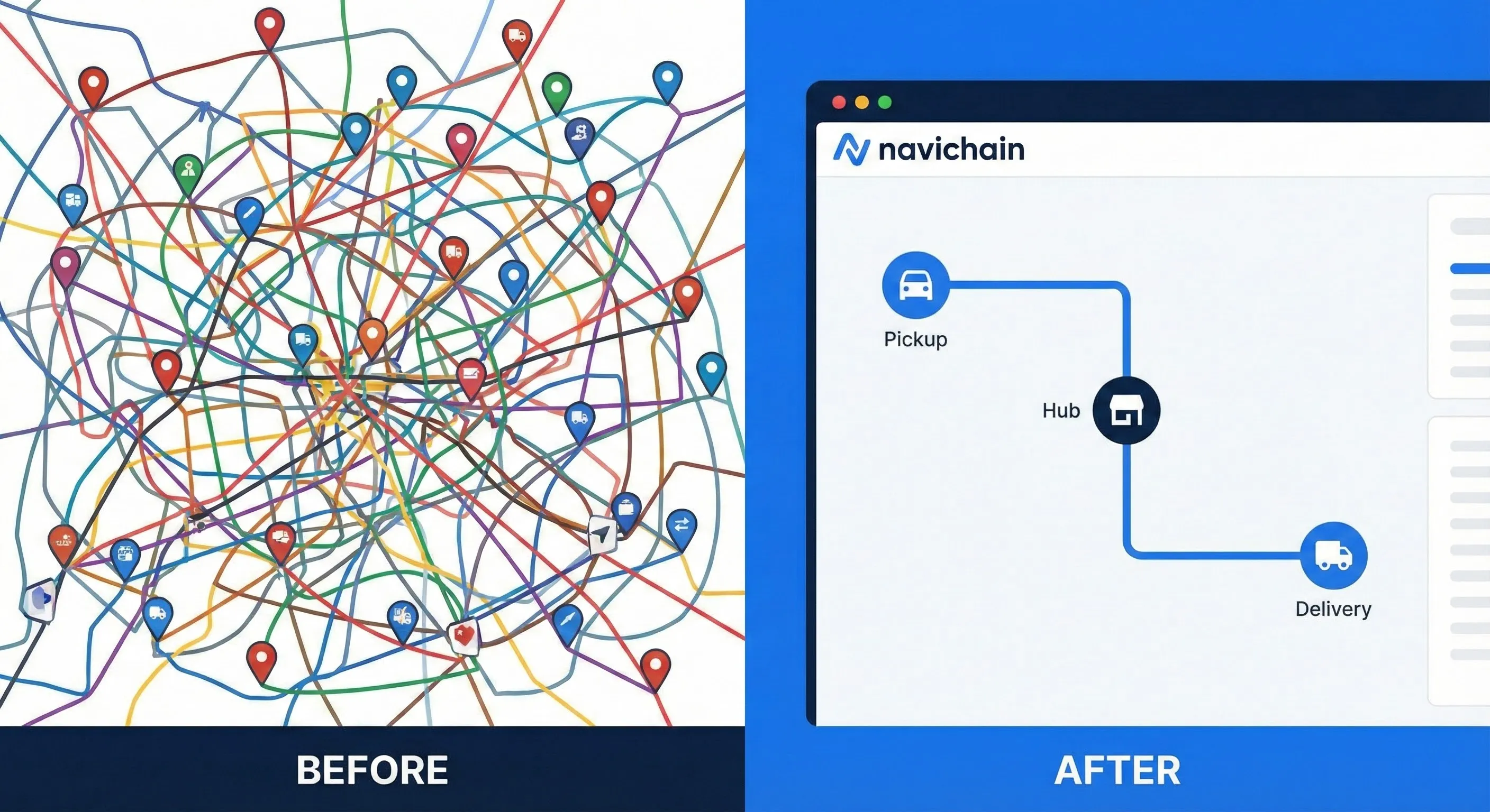 A fleet manager using Navichain's hub and spoke feature to plan a multi-leg journey.